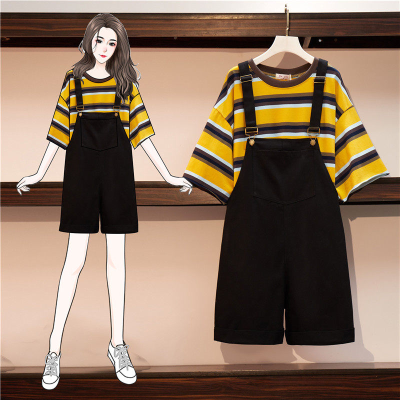 。加肥加大码孕妇产检套装夏天减龄背带裤宽松200斤条纹阔腿短裤