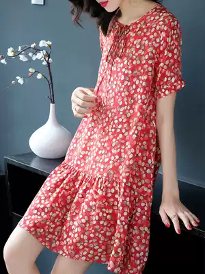 2021 summer new female small floral butterfly mulberry silk large size loose belly cover short-sleeved silk dress