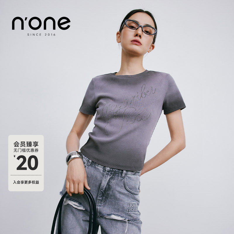 n'one 新款短袖t恤女夏短款修身显瘦正肩设计感气质烫钻字母