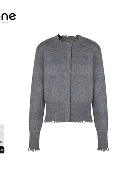 none 100%绵羊毛灰色短款破洞开衫女2025冬季新款修身内搭针织衫