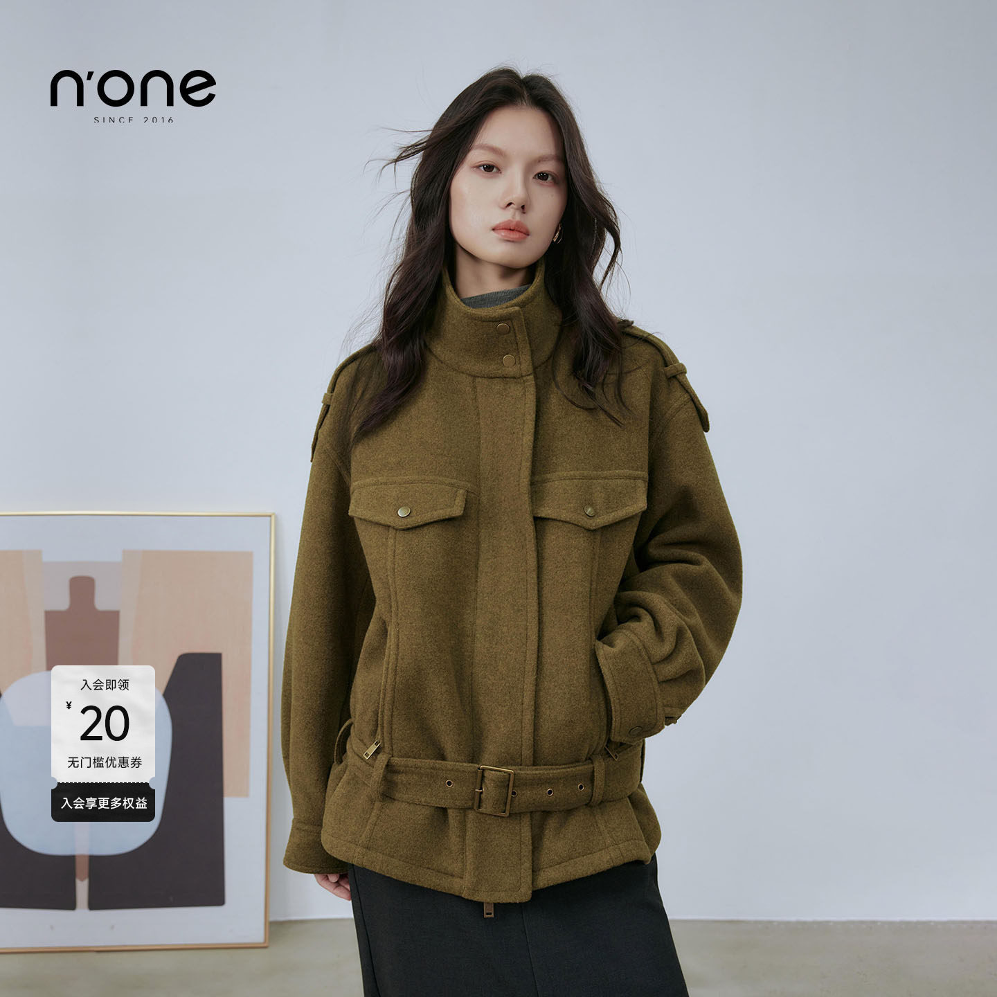 none 绵羊毛山羊绒混纺双面呢军绿色外套女2025冬季新款大衣显瘦,女装/女士精品,毛呢外套,淘宝优惠券,粉丝福利购,淘宝优惠卷