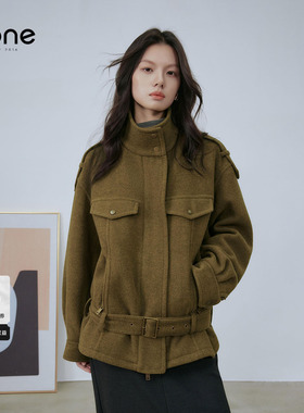none 绵羊毛山羊绒混纺双面呢军绿色外套女2025冬季新款大衣显瘦