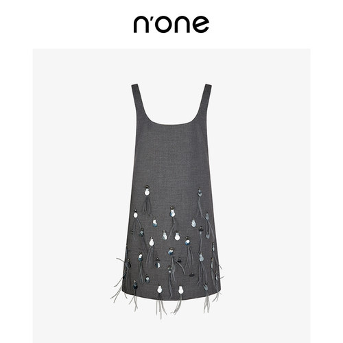 none重工羽毛流苏钉珠U领连衣裙