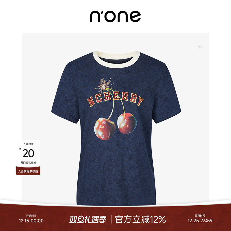 NONE海军蓝撞红色短袖圆领t恤