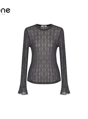 none 高级感灰色针织衫女2026春新款修身喇叭袖气质显瘦打底上衣