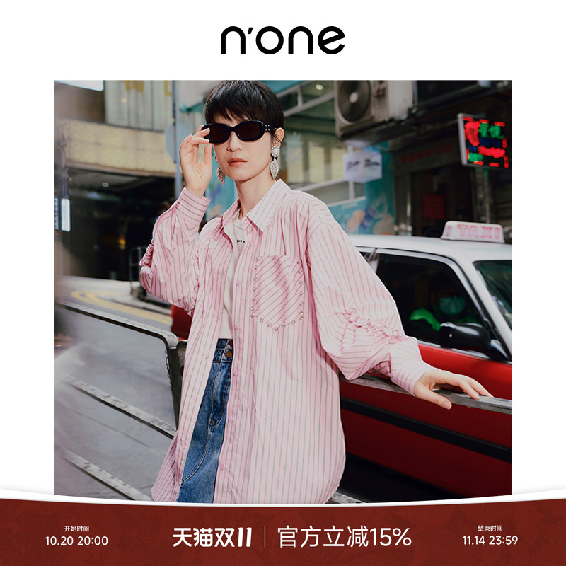 NONE休闲宽松粉色条纹单排扣衬衫