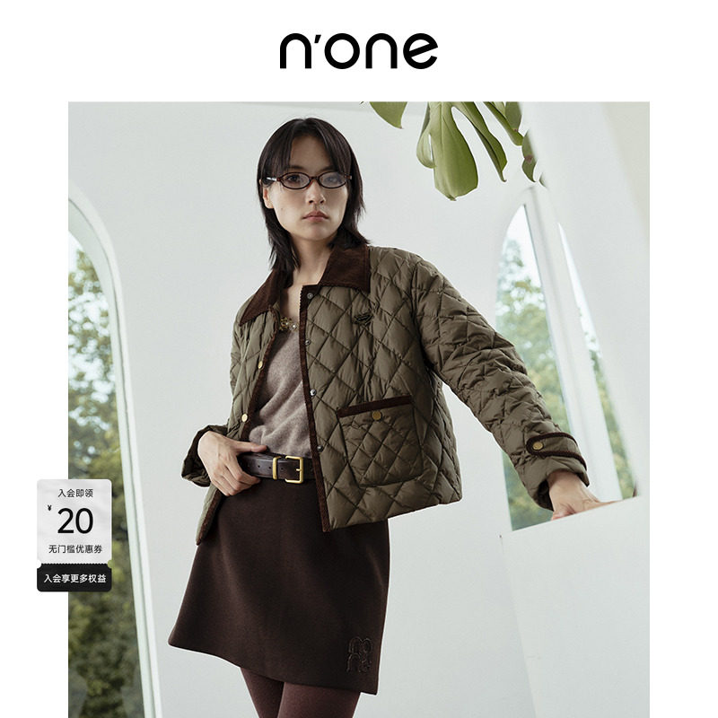 none军绿短款箱型菱格绗缝羽绒服