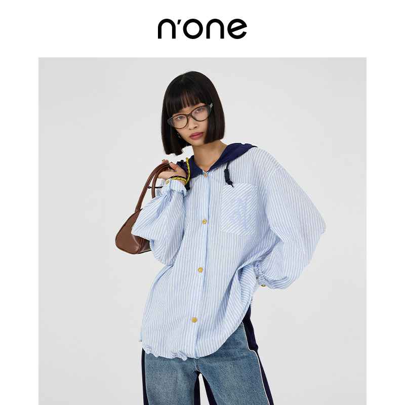 NONE蓝白条连帽单排扣衬衫图片