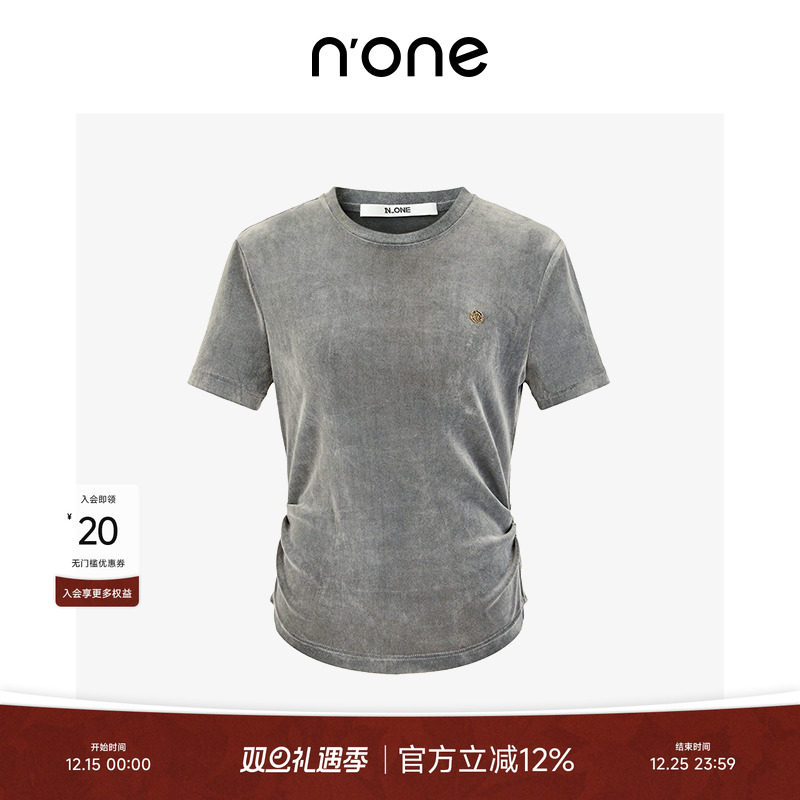 none大方圆领丝绒针织短袖t恤