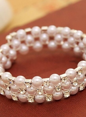 手腕遮疤手链新款网红气质仿珍珠手链女宽排编织弹力珠手镯手腕链