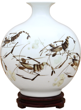 景德镇陶瓷器手绘虾趣石榴小花瓶