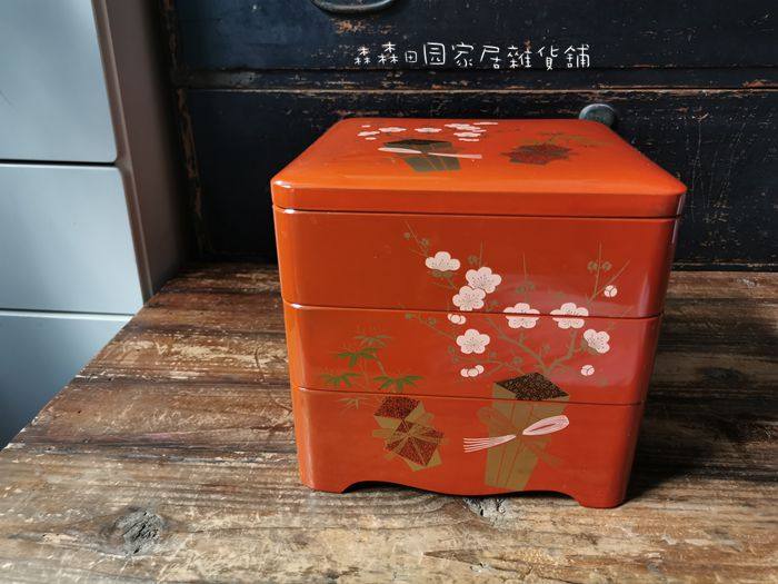 日本回流树脂大漆手绘描金梅兰竹菊食盒收纳三重层中古便当盒老物