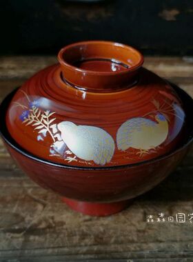 日本回流漆器茶具大漆鸳鸯盖碗汤吞主人杯描金银日式家居餐具五客