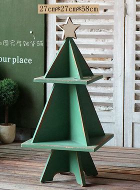 zakka实木桌面双层置物架绿色圣诞树摆件多层置物架酒吧小店装饰