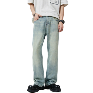 豪霆.微喇叭浅色宽松牛仔裤男士四季款基础百搭直筒阔腿休闲长裤