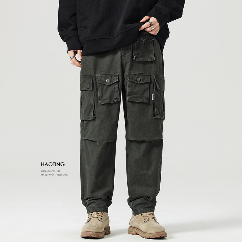 豪霆 日系复古多口袋宽松锥形休闲裤男春秋季直筒小脚工装哈伦裤