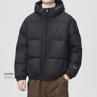 豪霆 美式黑色连帽羽绒服男女短款松紧下摆百搭面包服保暖外套潮