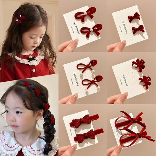 儿童秋冬红丝绒蝴蝶结新年发卡