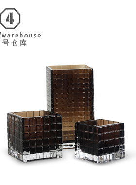 简约现代方形格子棕色茶色玻璃花瓶洽谈桌茶几客餐厅软装饰品摆件