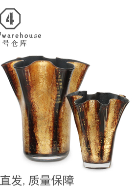 中古高级黑色金箔琉璃花器酒店客餐厅样板间玄关桌面软装插花摆件