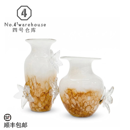 中古风白玉琥珀色立体花朵手工琉璃花瓶别墅样板间客餐厅软装摆件