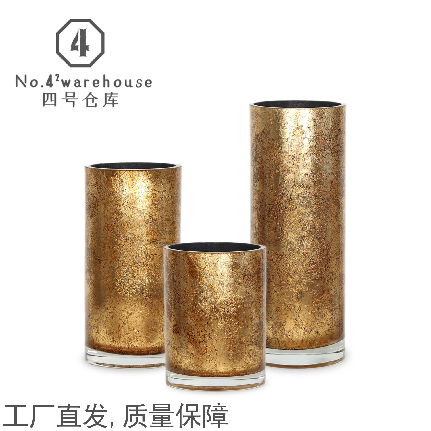老钱风轻奢高端金箔加厚直筒花瓶样板间酒店大堂插花软装饰品摆件图片