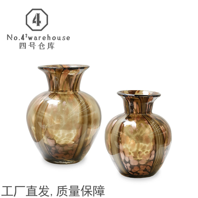 中式棕色洒金豹纹圆肚琉璃花瓶样板间客餐厅书房玄关软装插花摆件