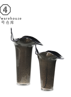 黑色轻奢洒金创意琉璃花器酒店样板间客餐厅玄关茶几果盘软装饰品