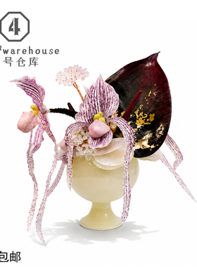 高级仿真兜兰花艺中古玉色高脚球形花器样板间酒店洗手台软装摆件