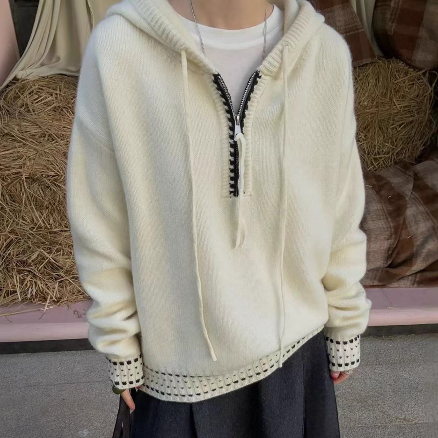 懒散风宽松半拉链连帽羊毛毛衣针织衫女欧洲站2025秋冬新款欧货