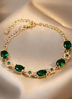 真金电镀祖母绿水晶手链 轻奢个性潮锆石精致气质 高级感手饰