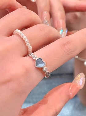 爱心猫眼石戒指女时尚轻奢小众精致学生闺蜜食指戒开口开调节指环