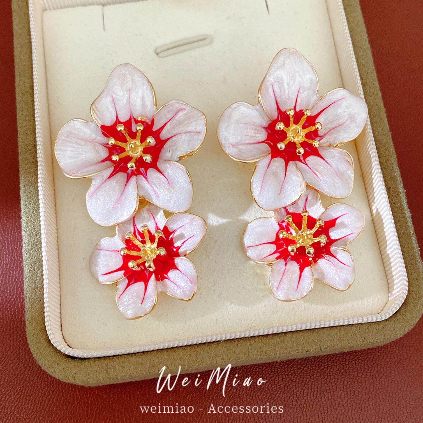 银针滴油红色花朵耳环轻奢高级感