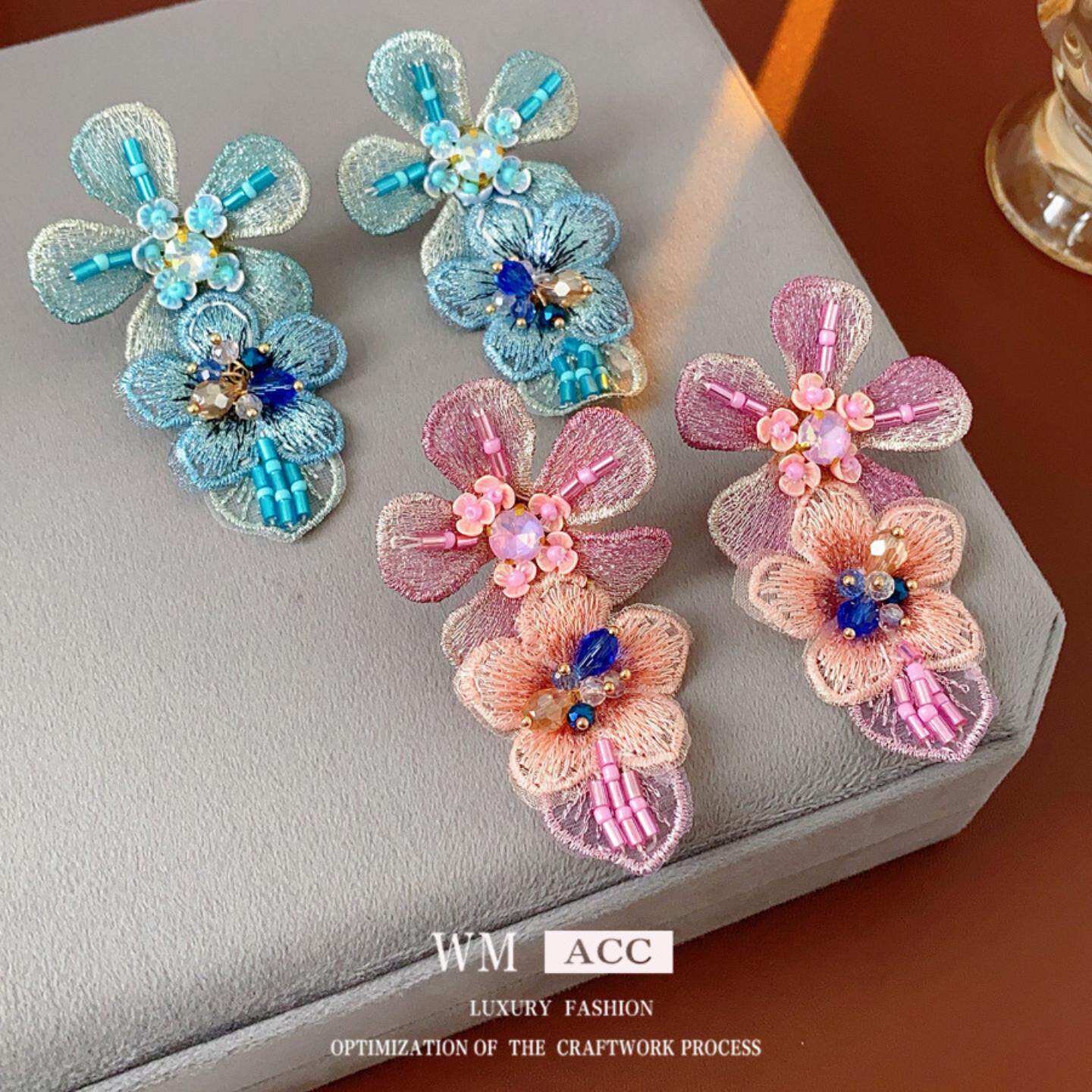 海边度假风镶钻针织花朵耳环时尚精致百搭耳钉甜美耳饰小众高级感