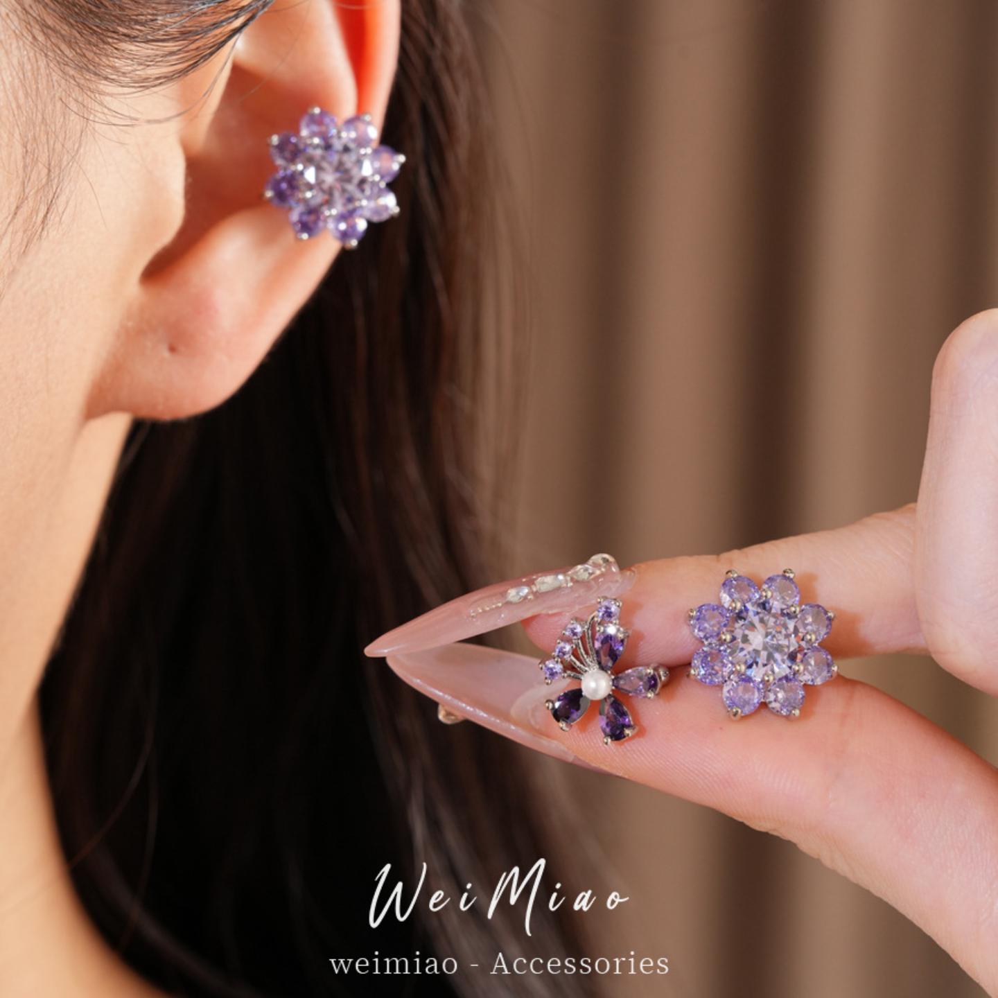 紫色锆石圆形花朵耳骨夹女款|