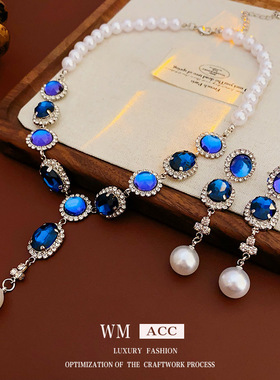 银针蓝色镶钻椭圆珍珠项链轻奢精致锁骨链时尚高级感项饰