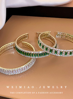 祖母绿方形几何镶钻锆石开口手镯轻奢个性ins手链高级感气质手饰
