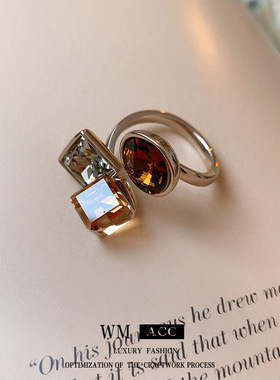 真金电镀锆石方块圆圈开口戒指 高级感小众气质指环 2024新款戒指