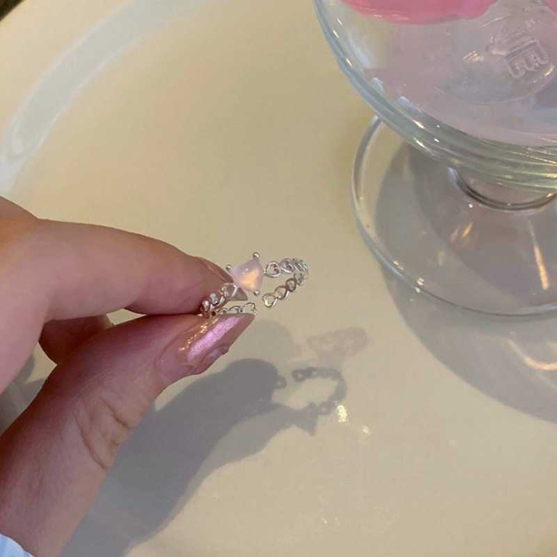 爱心粉晶石戒指女小众设计高级感开口可调节甜美时尚个性食指指环
