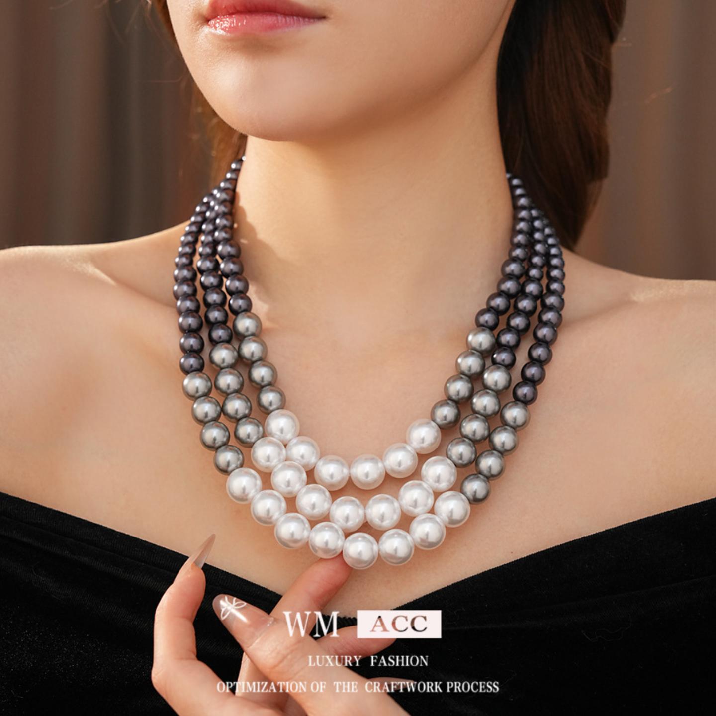 珍珠串珠三层吊坠项链轻奢小众百搭锁骨链复古宫廷风饰品女高级感