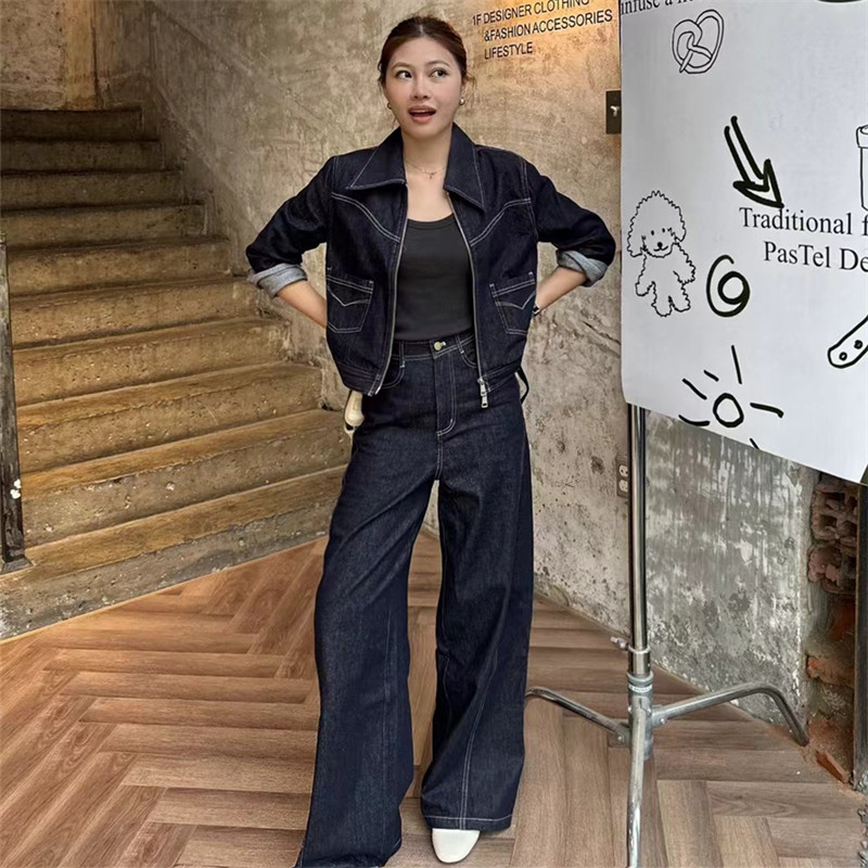 高级感欧货大牌2025春季女装明线牛仔短外套+显瘦阔腿裤两件套装