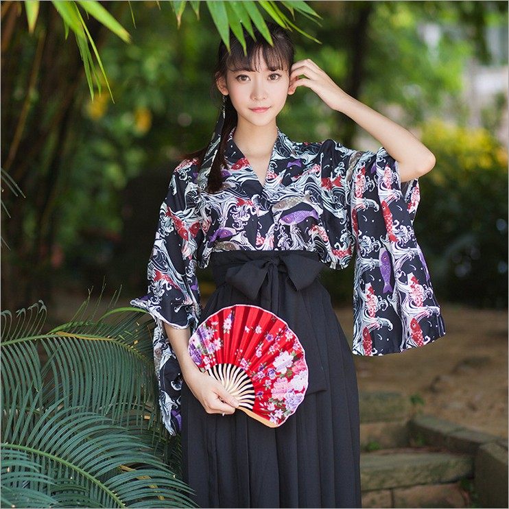 鲤鱼旗和风印花日式改良和服套装羽织外套百褶裙2020春夏季