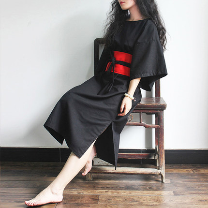 日系和风棉麻连衣裙蝙蝠袖宽松大袍子和服封腰连衣裙2024夏装新款