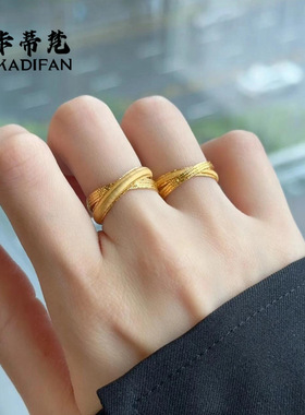 沙金古法金色复古交叉双环拉丝戒指女小众轻奢高级感流金岁月素圈