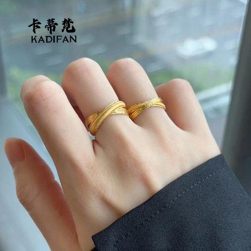 沙金古法金色复古交叉双环拉丝戒指女小众轻奢高级感流金岁月素圈