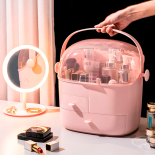 化妆品收纳盒防尘带盖镜子桌面小型收纳箱便携梳妆台护肤品置物架