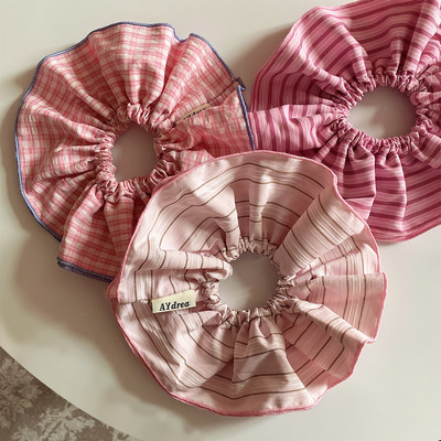 韩国粉色条纹格子双层大肠发圈甜美少女风头饰百搭发饰扎发皮筋