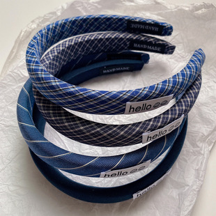 蓝色格纹简约头箍高级感日常百搭格子发饰头饰配饰潮高颅顶发箍女