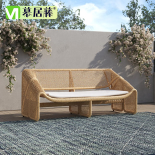 户外双人沙发藤编室外休闲庭院防水阳台躺椅样板房客厅小藤椅家具