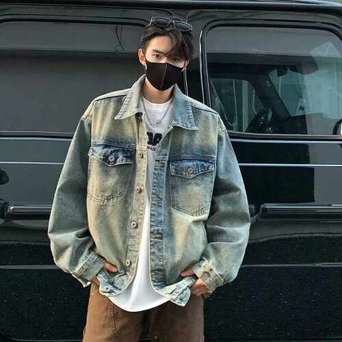 美式大码休闲水洗复古蓝牛仔夹克